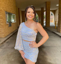 Two-Piece Glitter Pink One-Sleeve Short Formal Dress