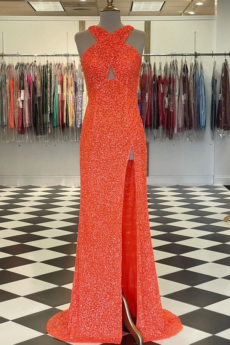 Cross Front Hot Pink Sequins Mermaid Long Formal Dress