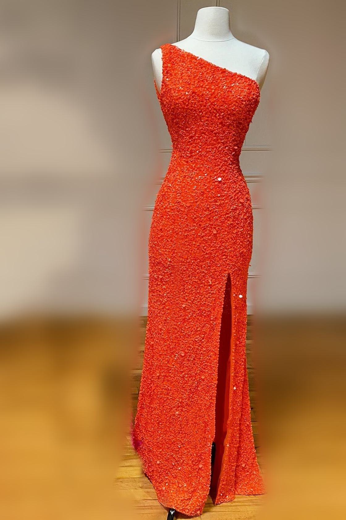 One Shoulder Hot Pink Sequins Long Formal Gown