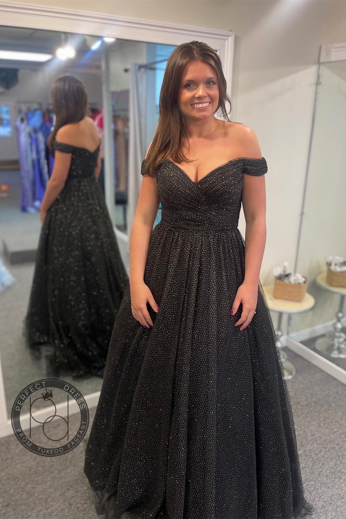 Sparkle Light Blue Off-the-Shoulder A-Line Prom Gown