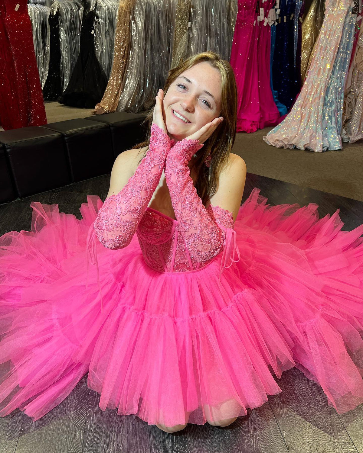 Hot Pink Lace Corset Tiered High-Low Prom Dress