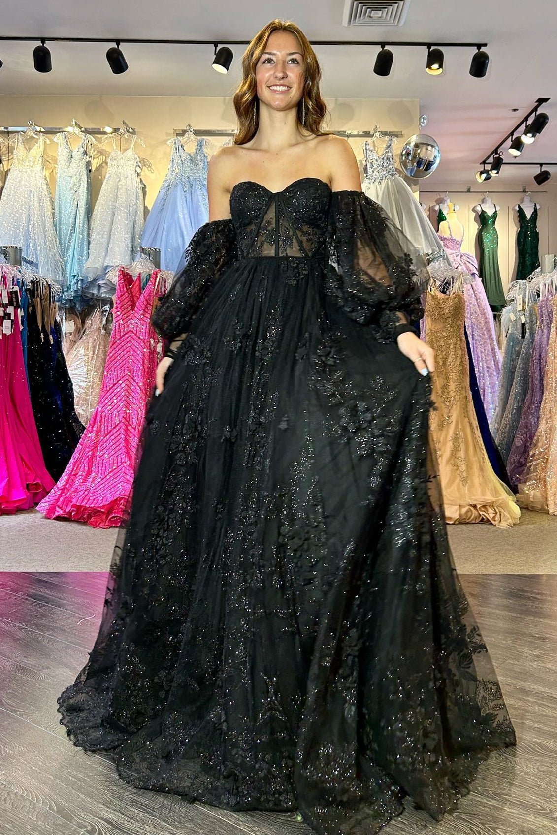 Blue 3D Floral Lace Sweetheart A-Line Prom Dress with Balloon Sleeves