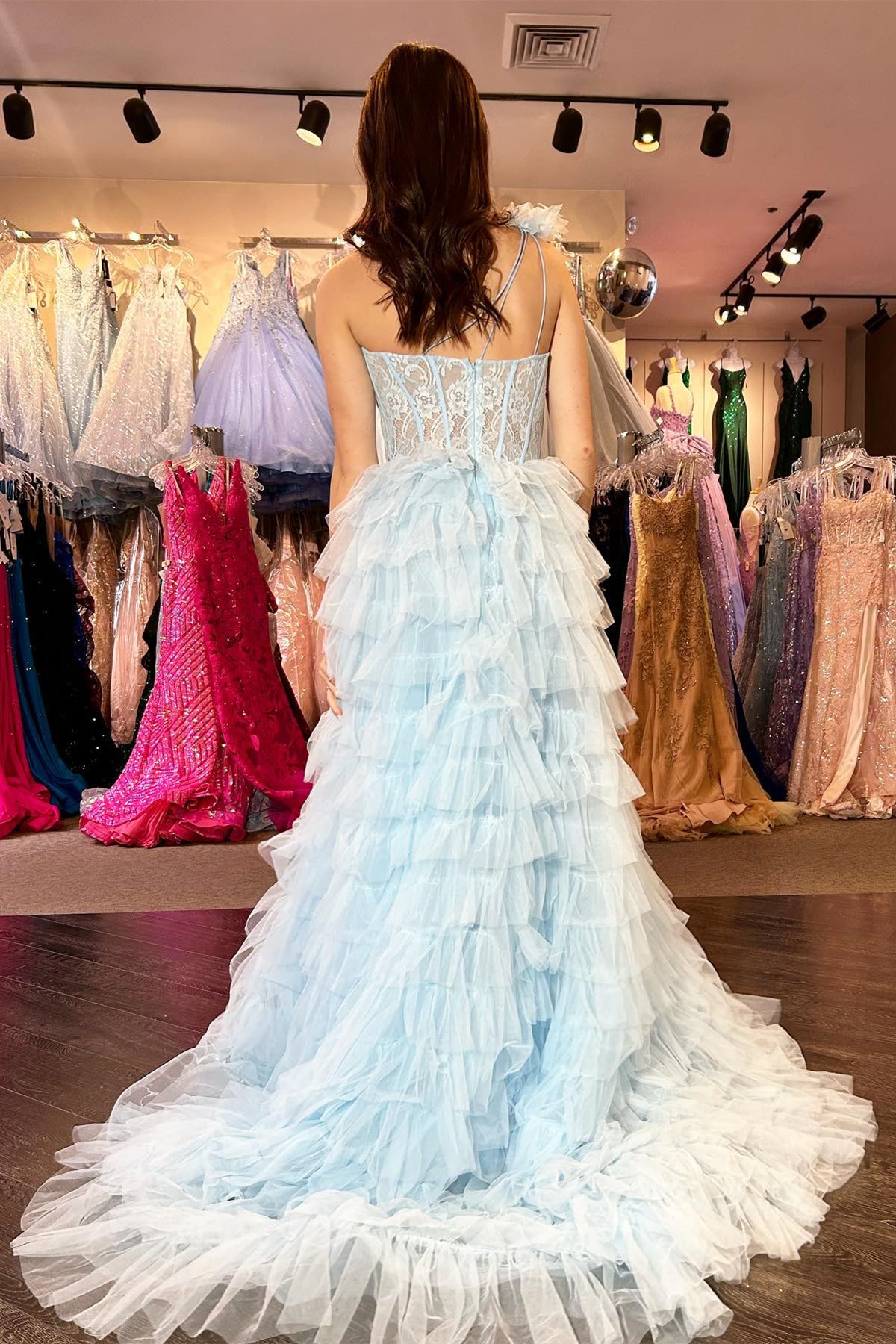 Black Lace One-Shoulder Multi-Tiered Ball Gown with Ruffles