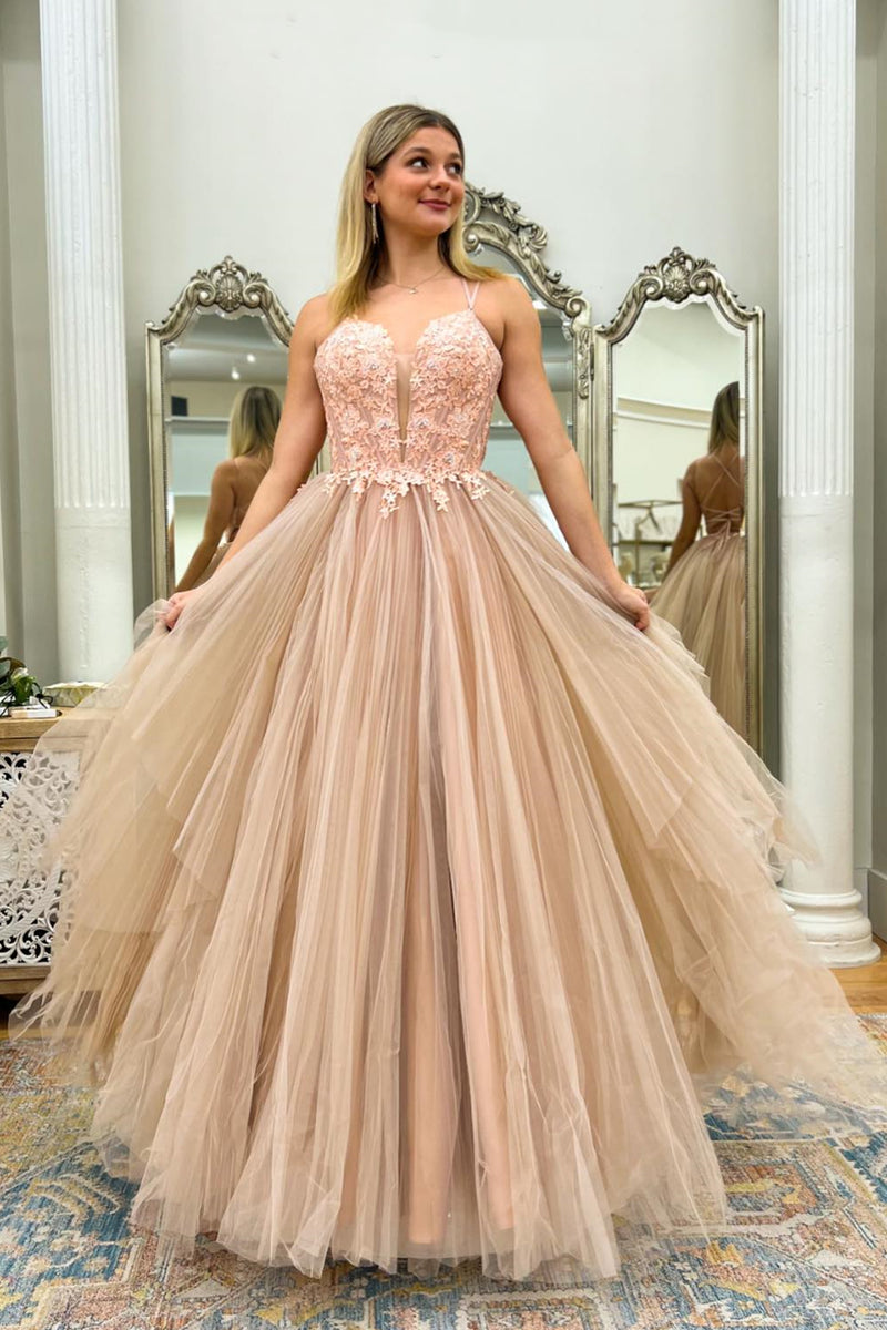 A-Line Lace Appliques Blue Prom Dress