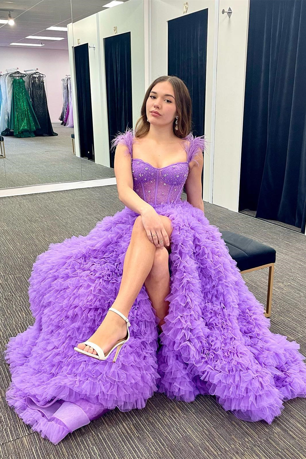 Hot Pink Beaded Feather Off-the-Shoulder Tiered Long Prom Dress with Slit