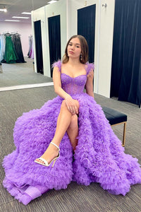 Hot Pink Beaded Feather Off-the-Shoulder Tiered Long Prom Dress with Slit