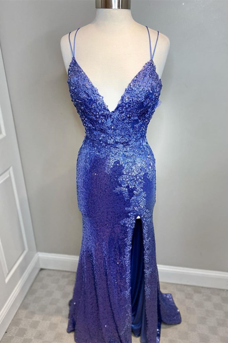 Mermaid Purples Sequins Long Prom Dress with Slit