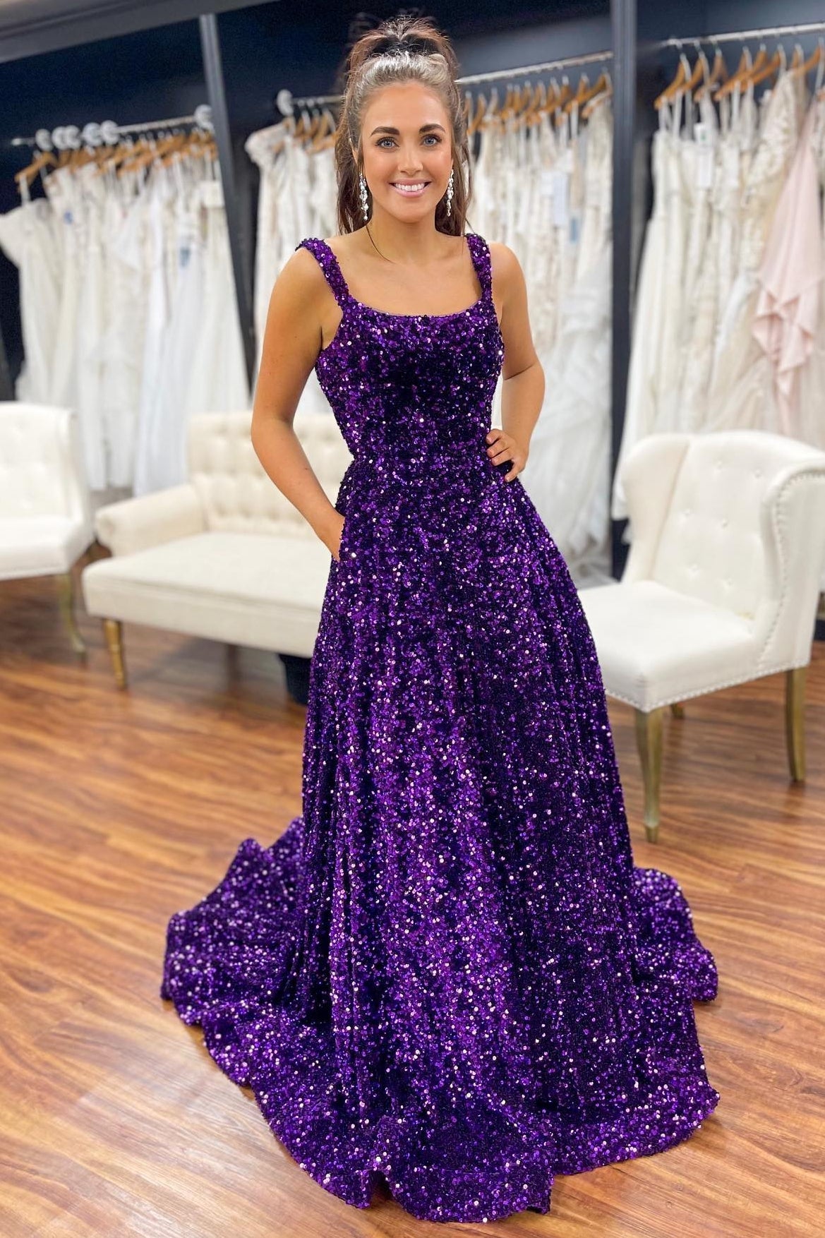 Red Sequin Square Neck Backless A-Line Long Prom Gown