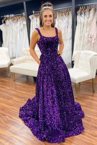 Red Sequin Square Neck Backless A-Line Long Prom Gown