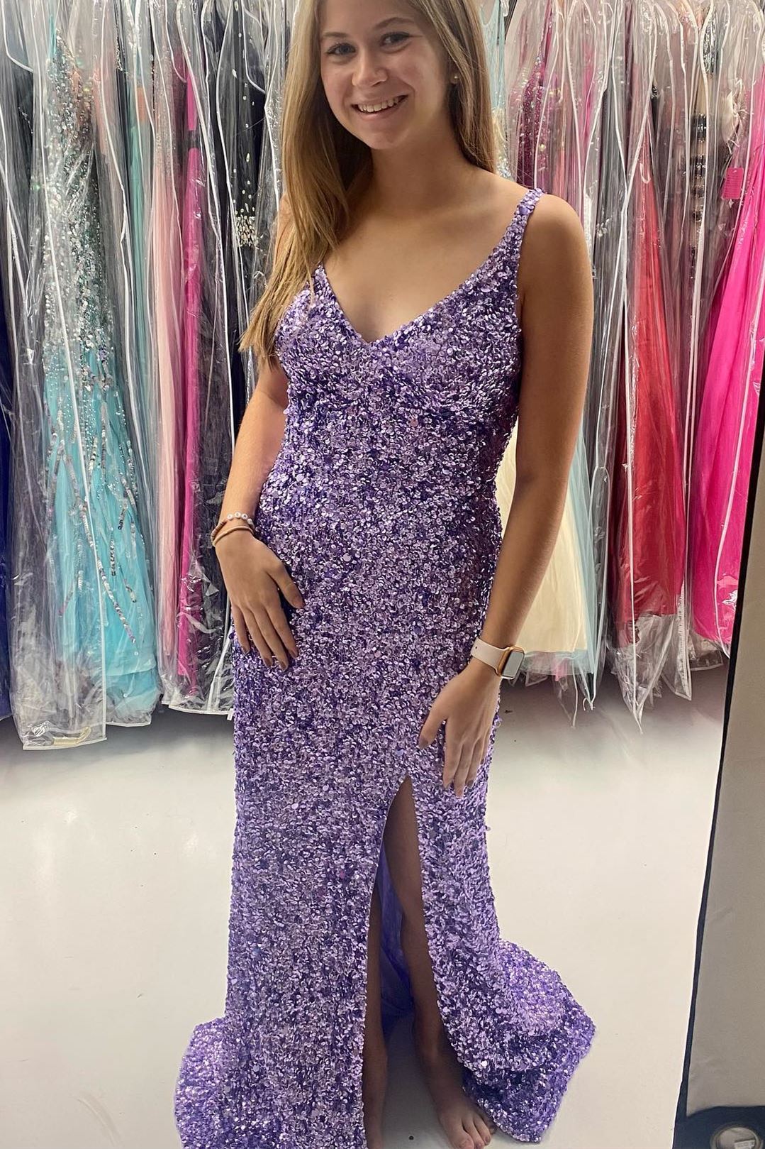 Fuchsia Sequins Mermaid Long Formal Dress with Slit