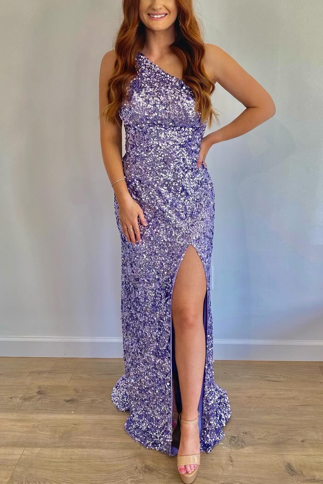 One Shoulder Green Sequins Mermaid Long Prom Dress