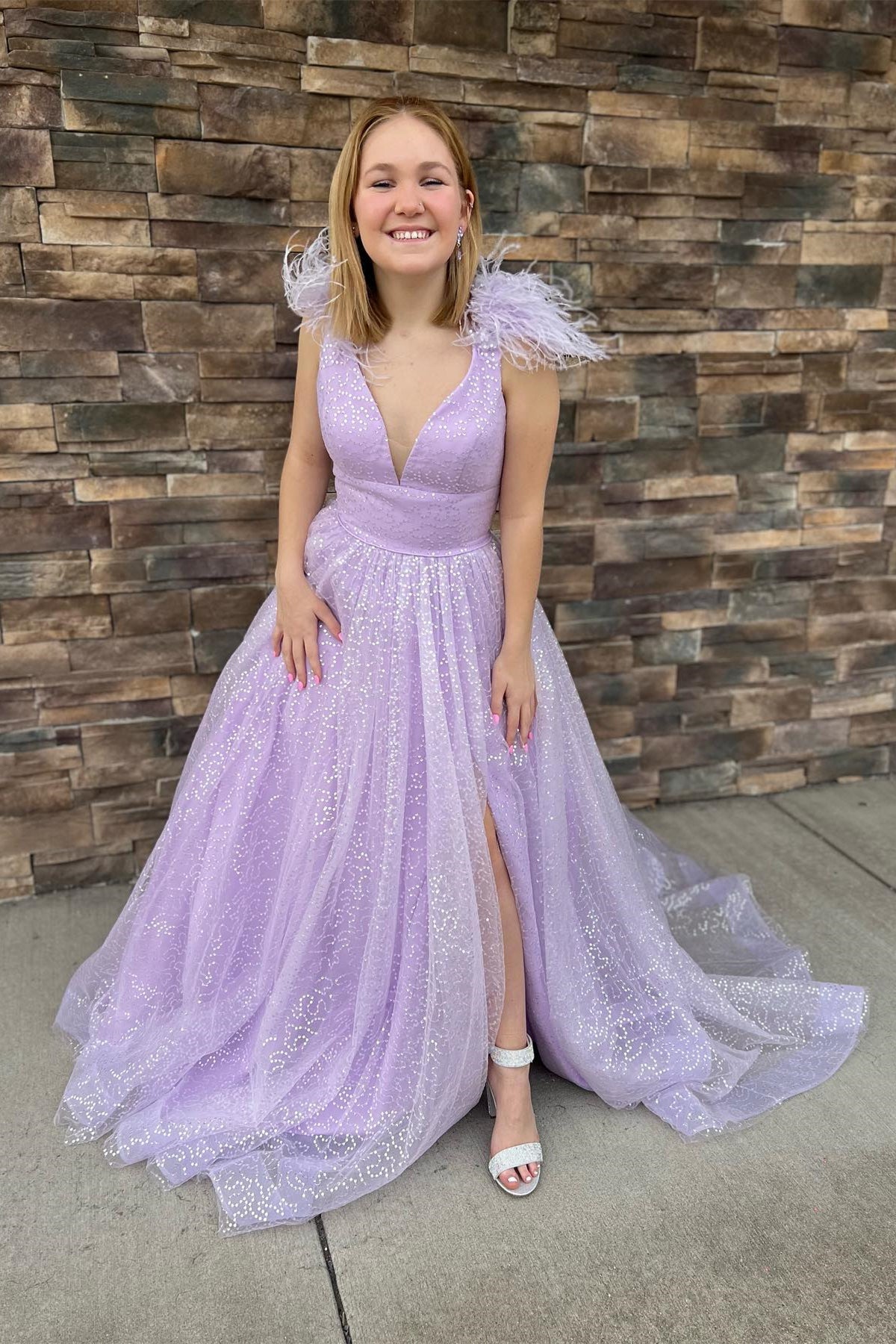 Glitter Feathers V-Neck Empire Waist A-Line Prom Gown