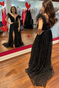 Ivory Appliques Feather Off-the-Shoulder A-Line Prom Gown