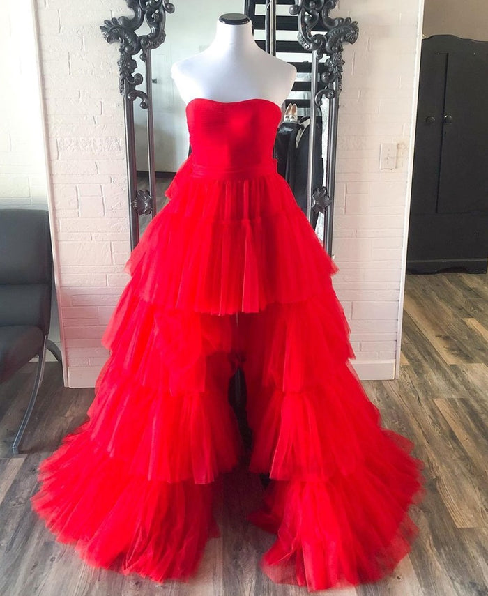 High Low Hot Pink Strapless Formal Gown