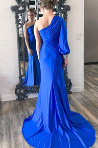 Mermaid One Shoulder Long Sleeve Royal Blue Party Dress