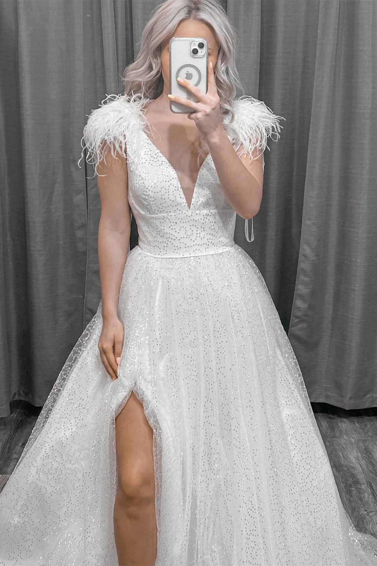 Glitter Feathers V-Neck Empire Waist A-Line Prom Gown