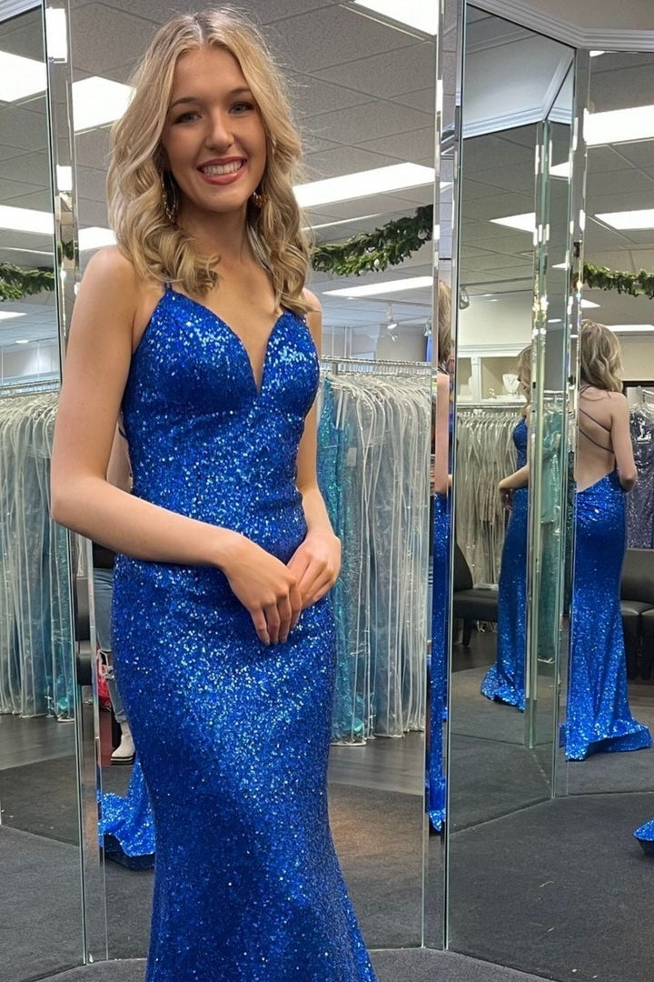 Royal Blue Sequins V-Neck Lace-Up Mermaid Long Prom Dress