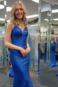 Royal Blue Sequins V-Neck Lace-Up Mermaid Long Prom Dress