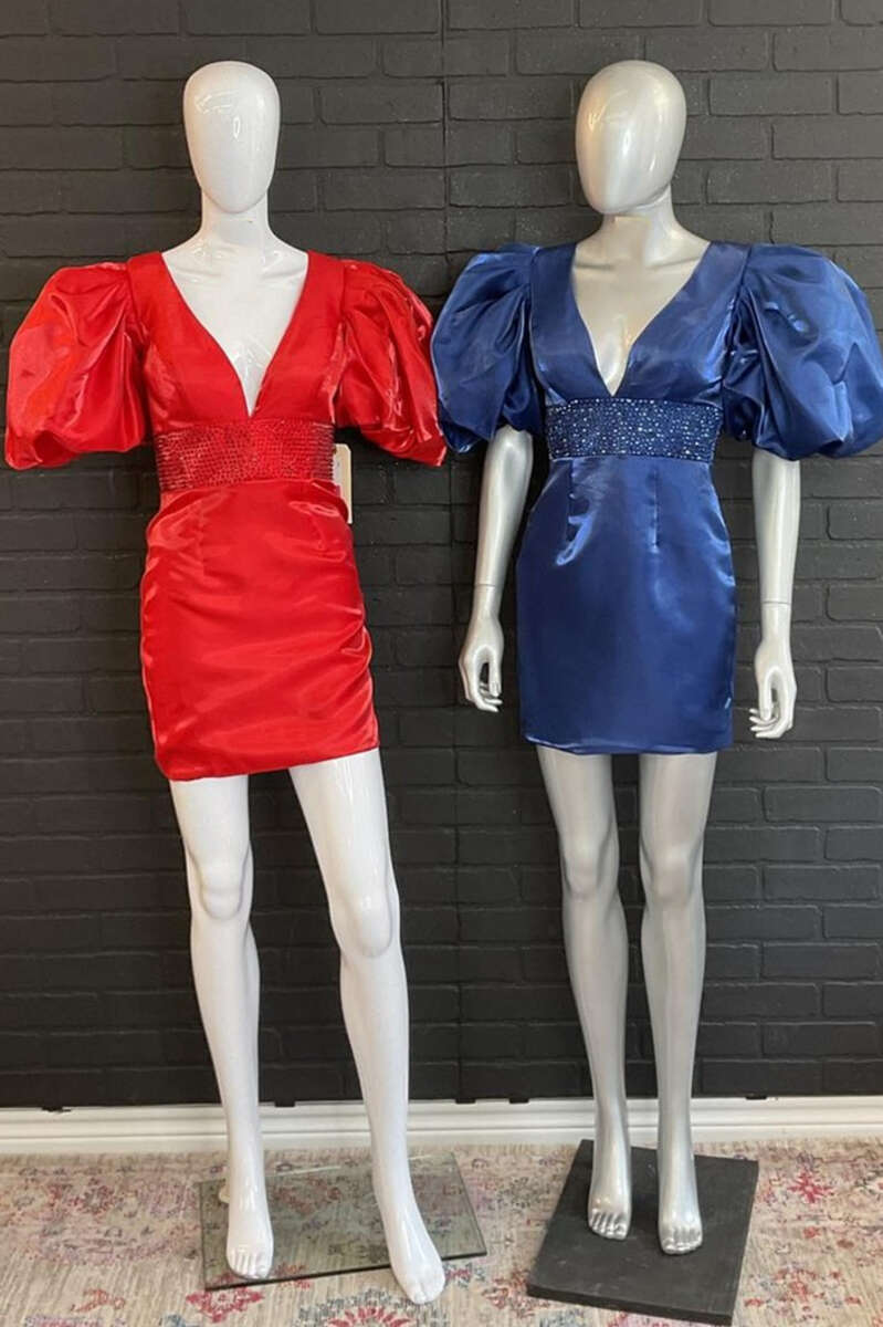 Puff Sleeve Beaded Waist Bodycon Short Party Dress