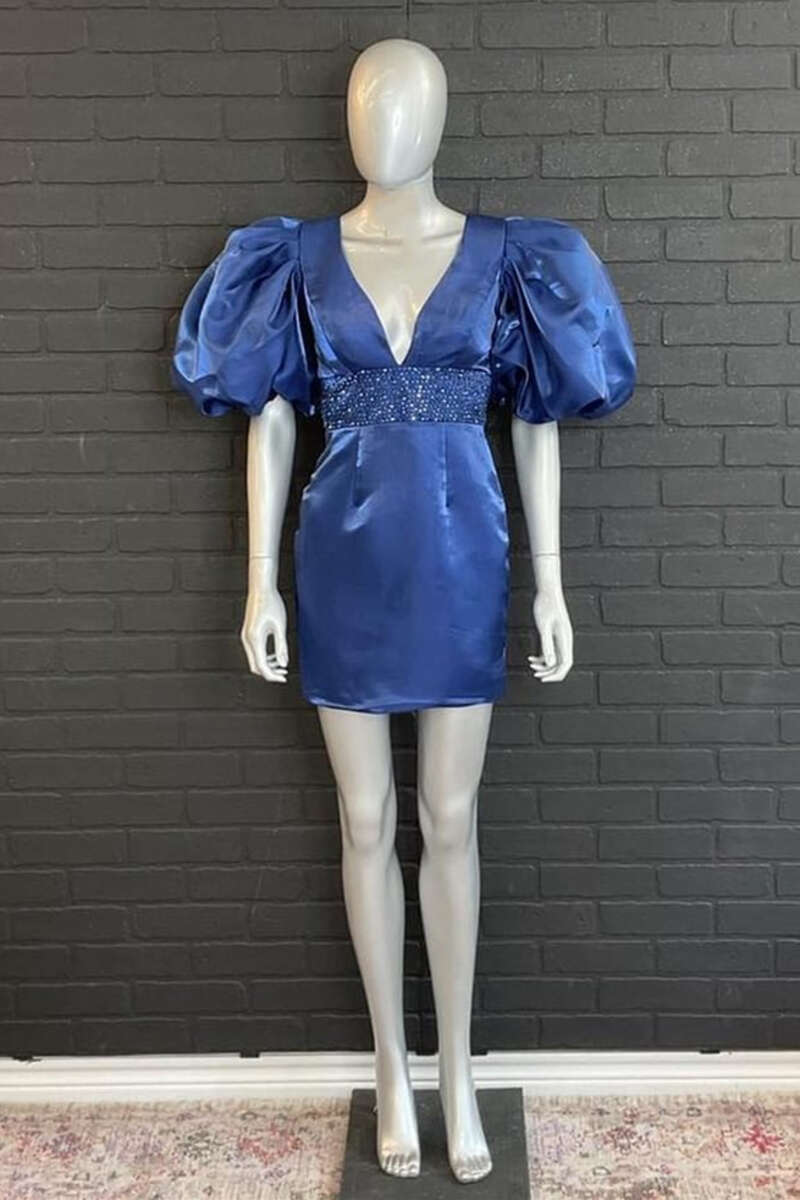 Puff Sleeve Beaded Waist Bodycon Short Party Dress