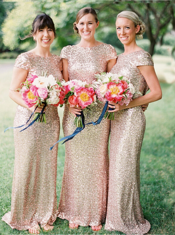 Chic Mermaid Long Sequins Rose Gold Bridesmaid Dress With Cap Sleeves