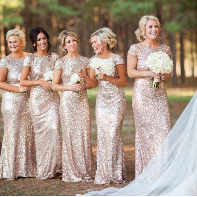 Chic Mermaid Long Sequins Rose Gold Bridesmaid Dress With Cap Sleeves