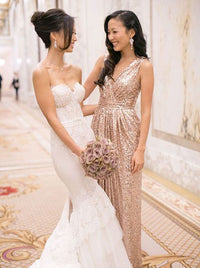 Elegant V-Neck Floor Length Sequins Gold Bridesmaid Dress