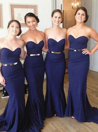 Mermaid Navy Blue Bridesmaid Dress - Sweetheart Gold Belt