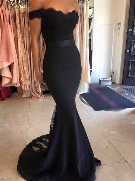 Mermaid Off Shoulder Black Long Evening Dress with Train