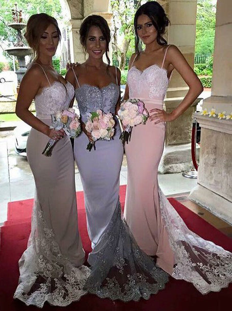 Gorgeous Spaghetti Mermaid Long Bridesmaid Dress with Train