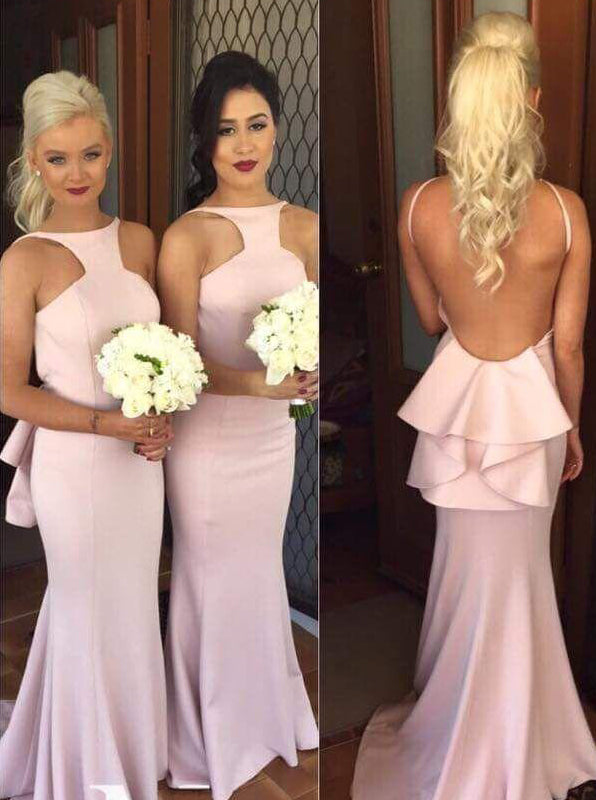 Special Mermaid Long Pink Bridesmaid Dress with Open Back