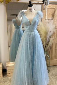 Glitter Feathers V-Neck Empire Waist A-Line Prom Gown