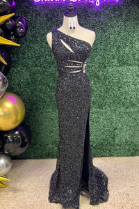 Sequins Mermaid One Shoulder Cut-Out Slit Long Prom Dress