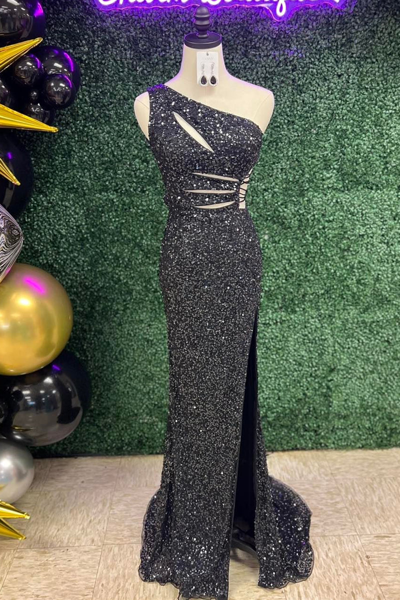 Sequins Mermaid One Shoulder Cut-Out Slit Long Prom Dress