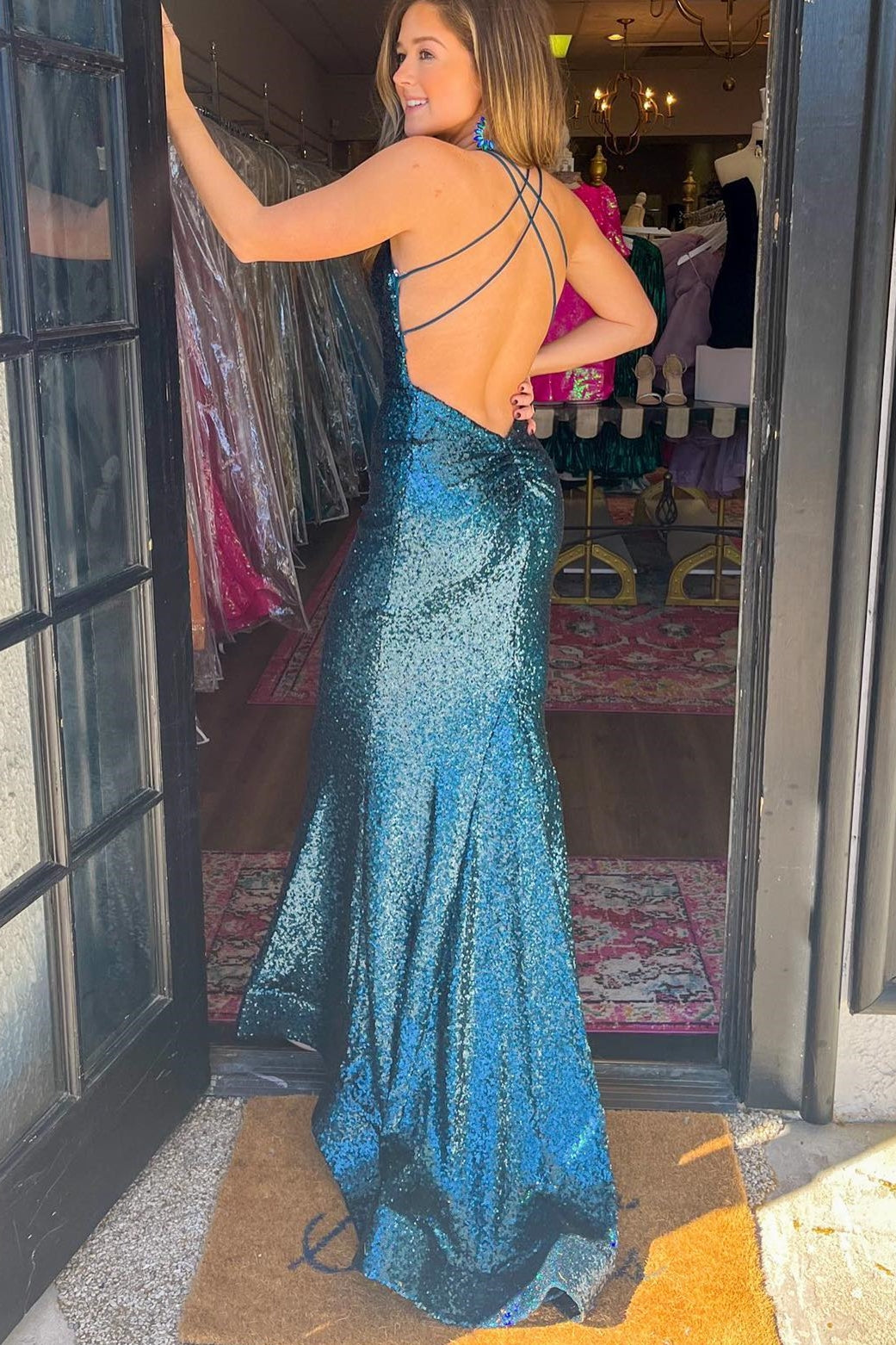 Green Sequin V-Neck Lace-Up Back Mermaid Prom Gown