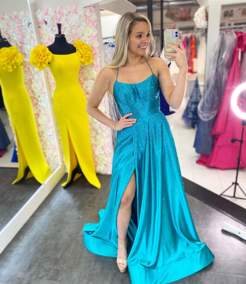 Spaghetti Straps Beaded Teal Blue A-line Long Formal Dress