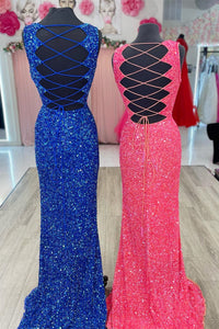 Squines Mermaid V  Neckline Lace-Up Back Slit Long Prom Dress