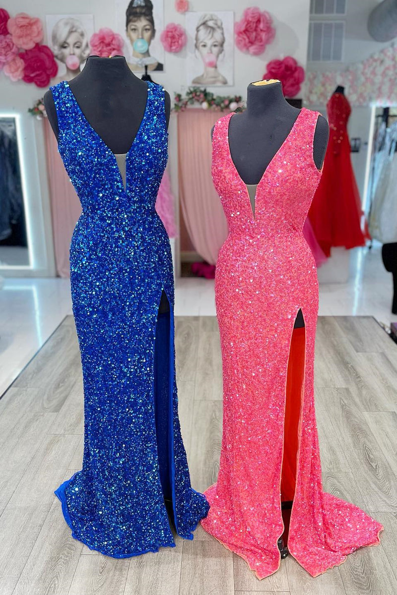 Squines Mermaid V  Neckline Lace-Up Back Slit Long Prom Dress