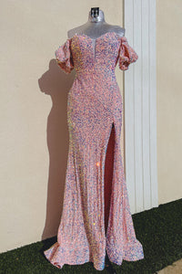 Red Sequin Off-the-Shoulder Mermaid Long Prom Gown with Puff Sleeves