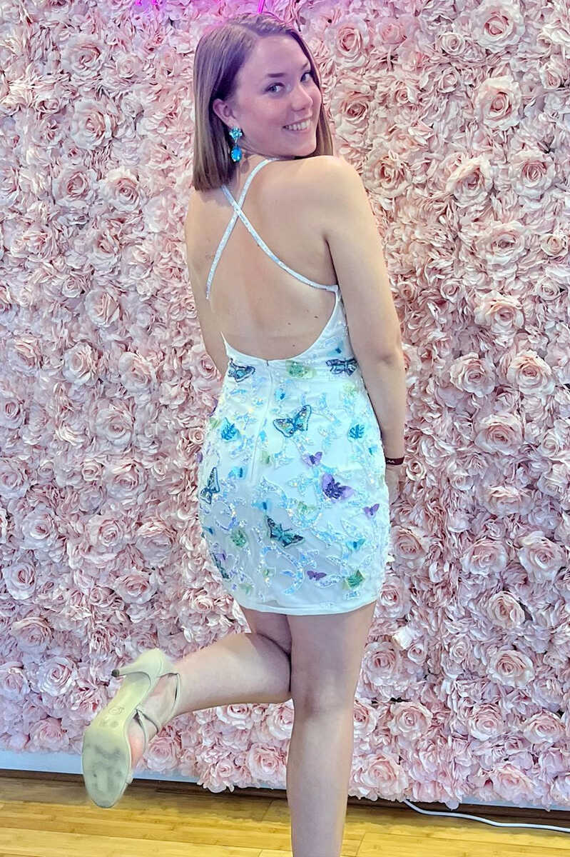 White Backless Tight Mini Homecoming Dress with Iridescent Butterflies