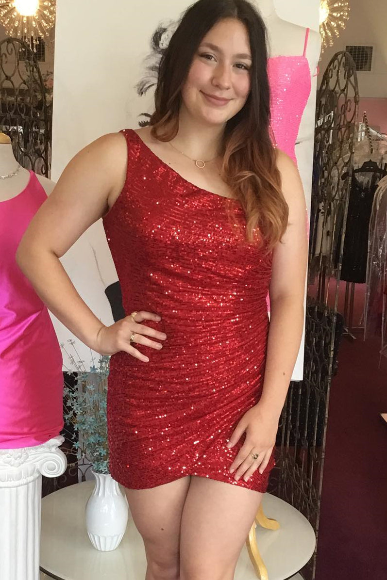 Pink Sequins Tight Mini Party Dress with One Shoulder