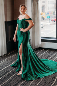 Magenta Satin Off-the-Shoulder Mermaid Long Formal Dress with Slit