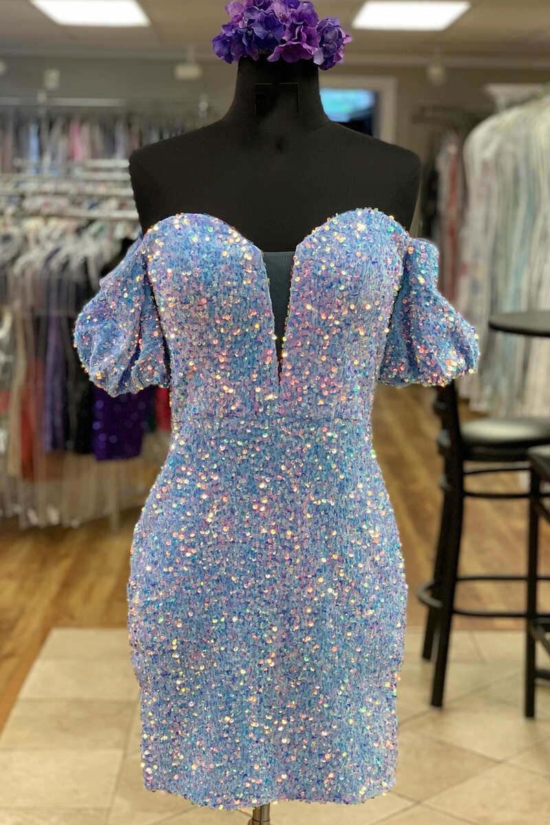 Sequin Strapless Puff Sleeve Short Homecoming Dress