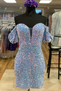Sequin Strapless Puff Sleeve Short Homecoming Dress