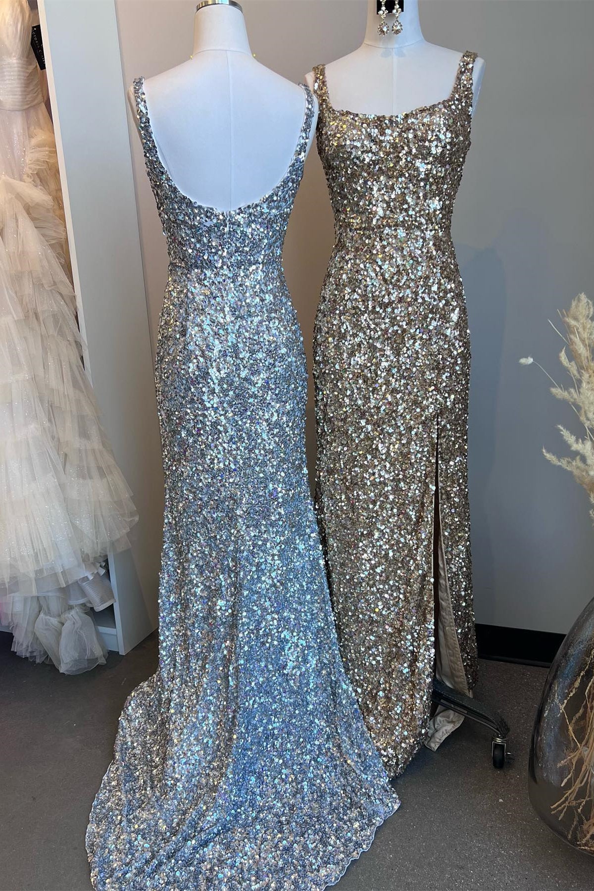 Gold Sequin Square Neck Backless Mermaid Long Formal Dress with Slit