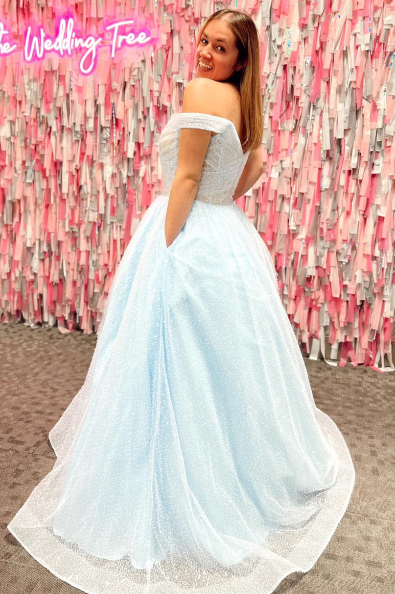 Sparkle Light Blue Off-the-Shoulder A-Line Prom Gown