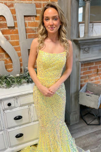 Light Yellow Sequins Straps Scoop Neck Lace-Up Long Prom Dress