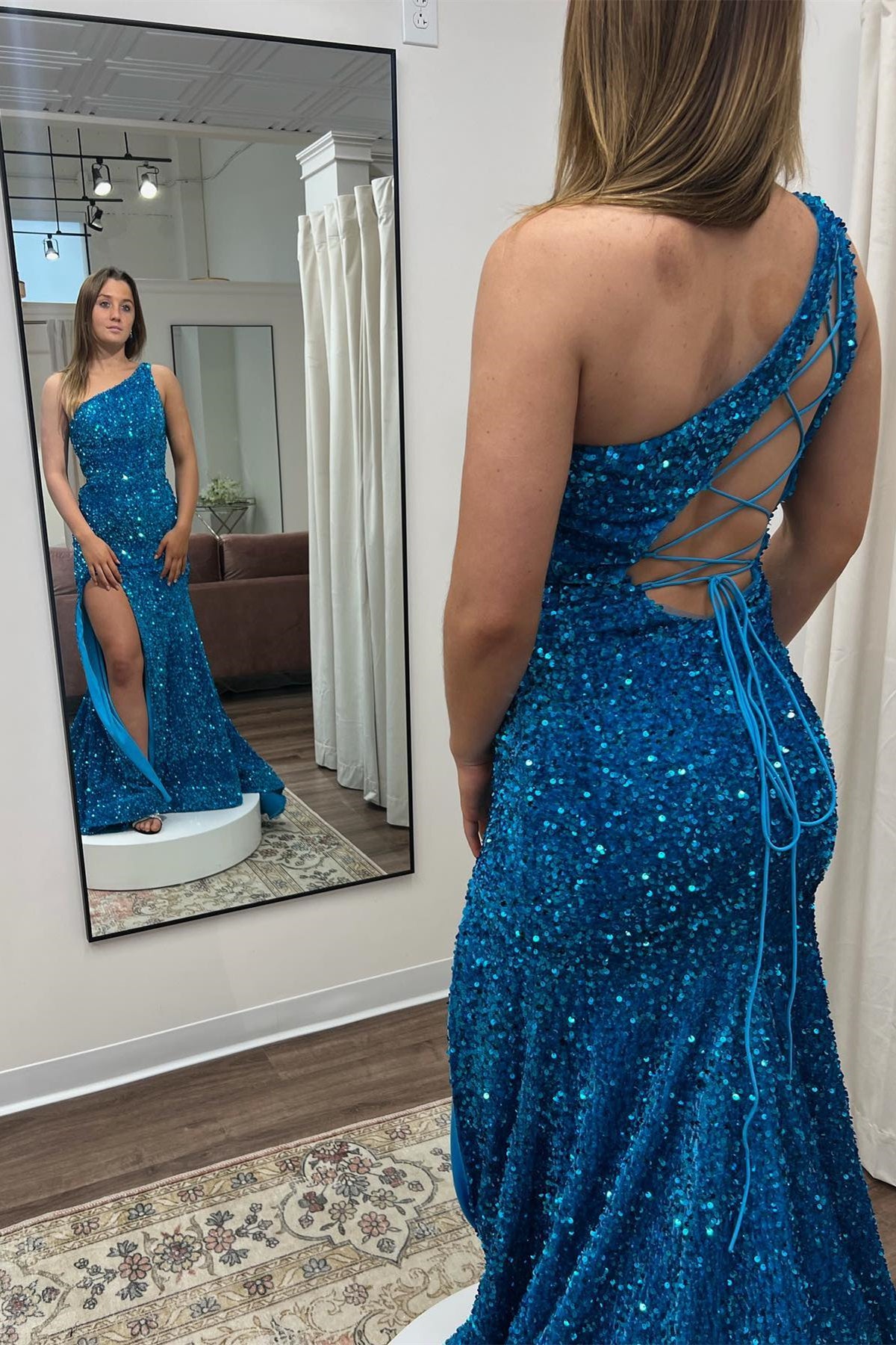 Royal Blue Mermaid One Shoulder Lace-Up Back Sequins Long Prom Dress with Slit