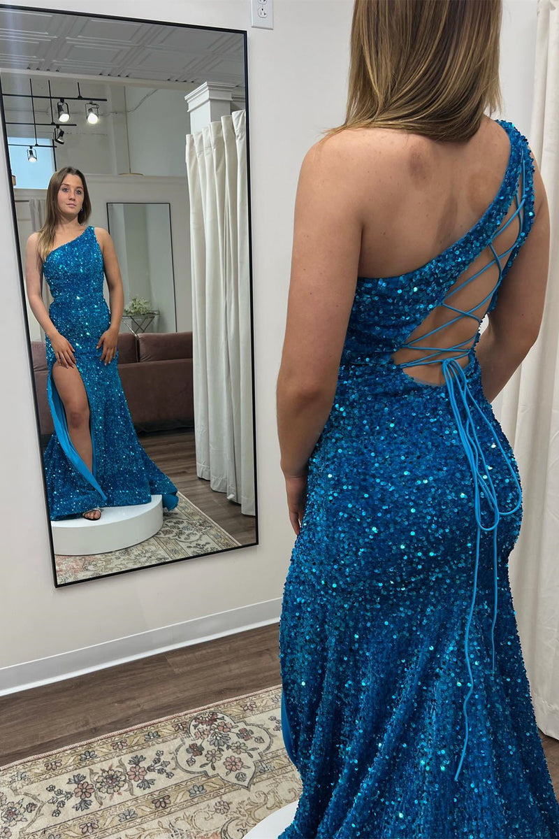 Royal Blue Mermaid One Shoulder Lace-Up Back Sequins Long Prom Dress with Slit